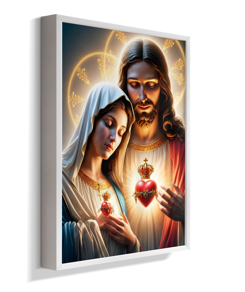 Quadros dos Sagrados Corações de Jesus e de Maria, disponíveis em diversos tamanhos e modelos de molduras