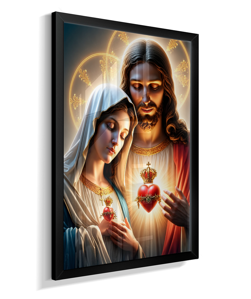 Quadros dos Sagrados Corações de Jesus e de Maria, disponíveis em diversos tamanhos e modelos de molduras