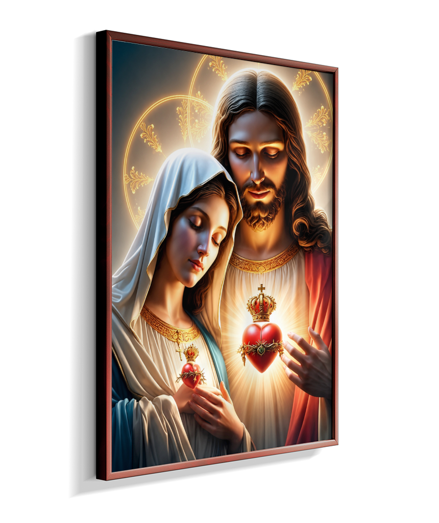 Quadros dos Sagrados Corações de Jesus e de Maria, disponíveis em diversos tamanhos e modelos de molduras