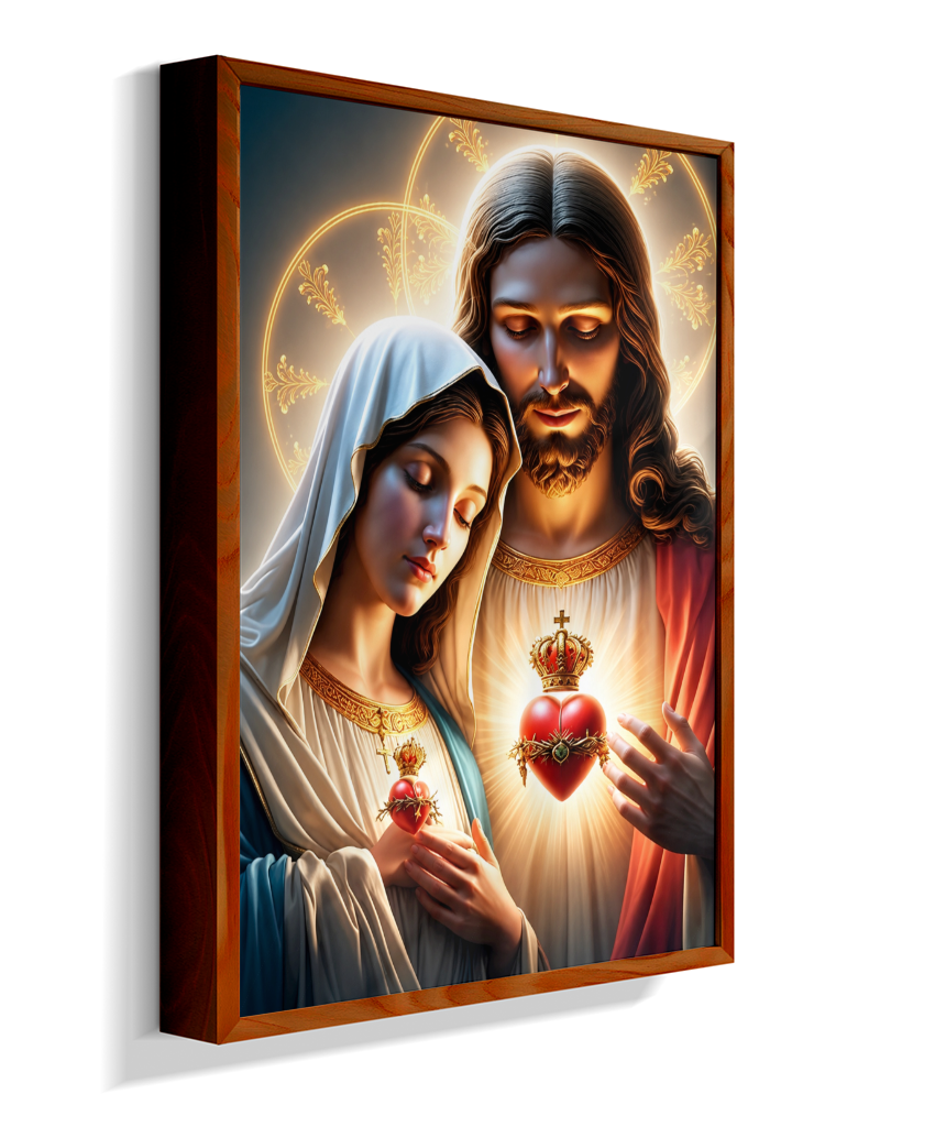 Quadros dos Sagrados Corações de Jesus e de Maria, disponíveis em diversos tamanhos e modelos de molduras
