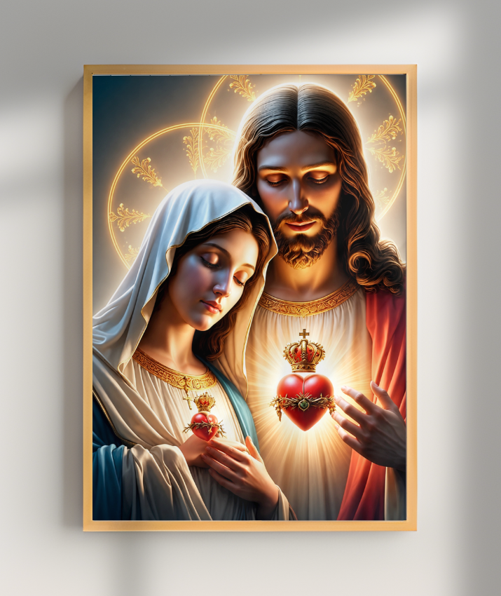 Quadros dos Sagrados Corações de Jesus e de Maria, disponíveis em diversos tamanhos e modelos de molduras
