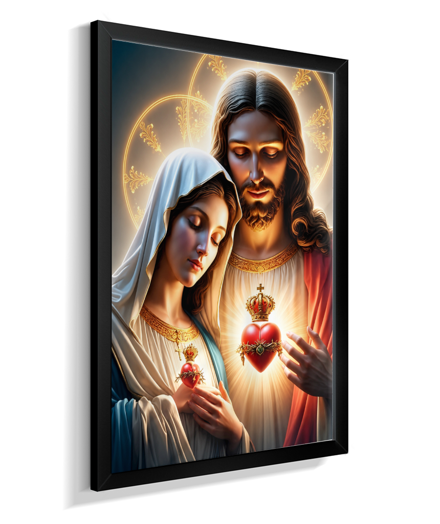 Quadros dos Sagrados Corações de Jesus e de Maria, disponíveis em diversos tamanhos e modelos de molduras