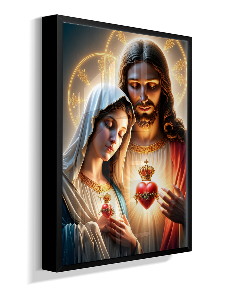 Quadros dos Sagrados Corações de Jesus e de Maria, disponíveis em diversos tamanhos e modelos de molduras