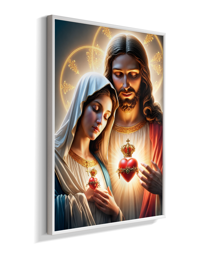 Quadros dos Sagrados Corações de Jesus e de Maria, disponíveis em diversos tamanhos e modelos de molduras