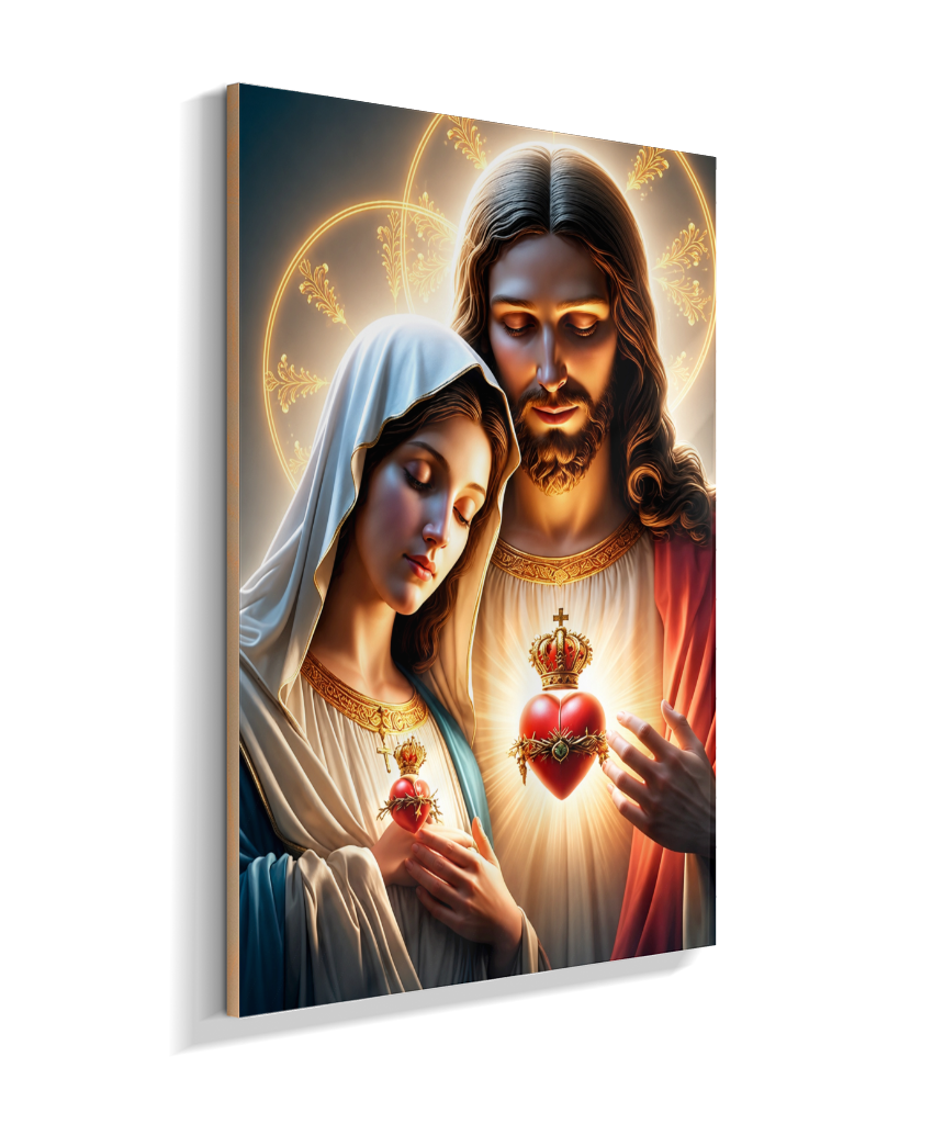 Quadros dos Sagrados Corações de Jesus e de Maria, disponíveis em diversos tamanhos e modelos de molduras