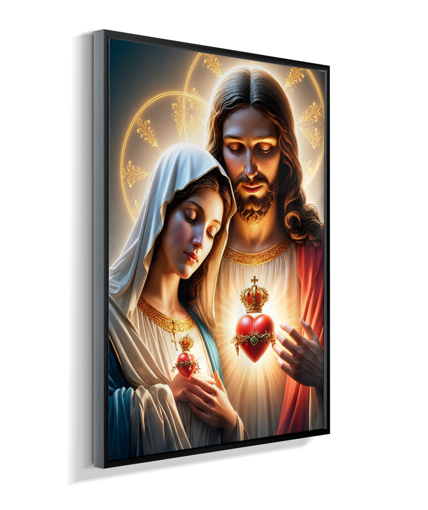 Quadros dos Sagrados Corações de Jesus e de Maria, disponíveis em diversos tamanhos e modelos de molduras