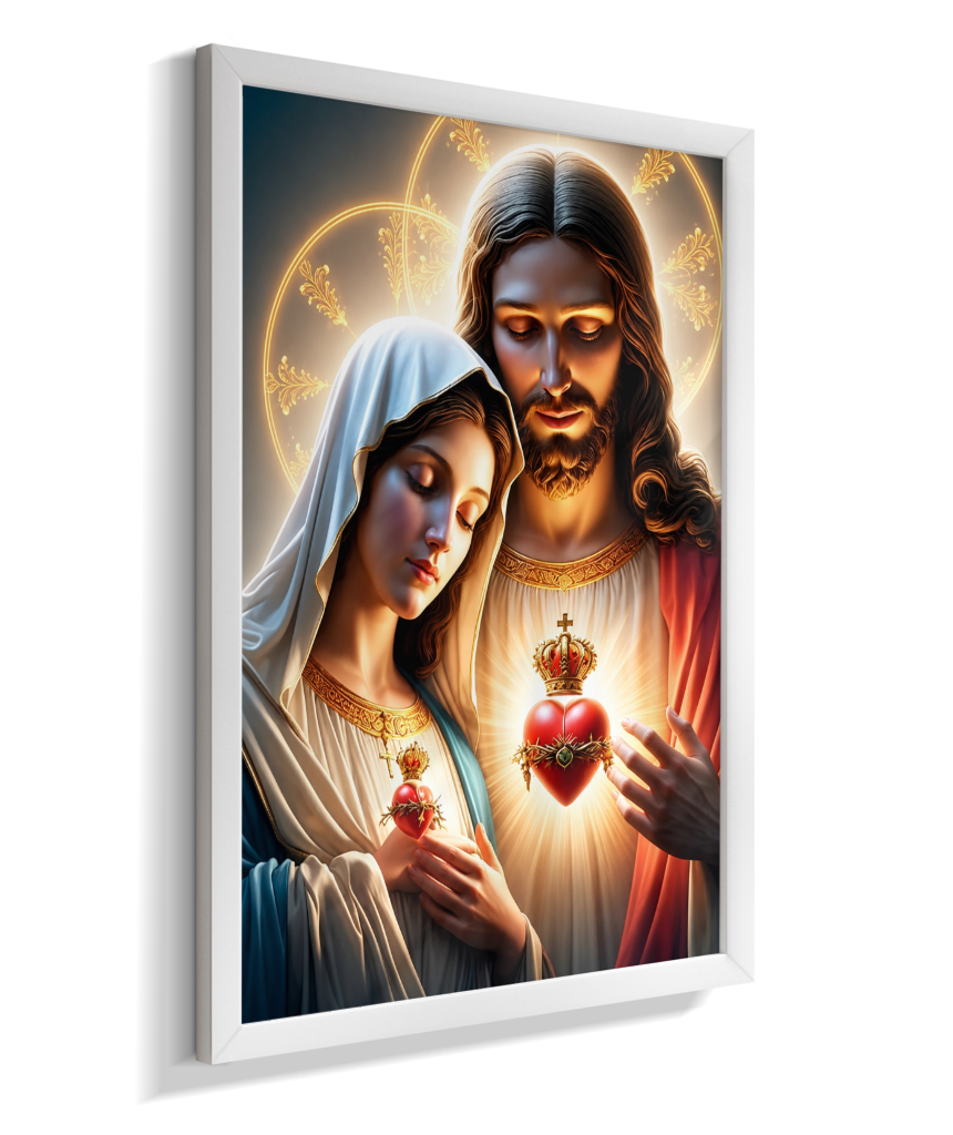 Quadros dos Sagrados Corações de Jesus e de Maria, disponíveis em diversos tamanhos e modelos de molduras