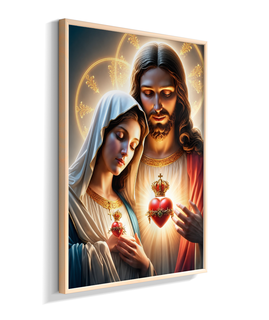 Quadros dos Sagrados Corações de Jesus e de Maria, disponíveis em diversos tamanhos e modelos de molduras
