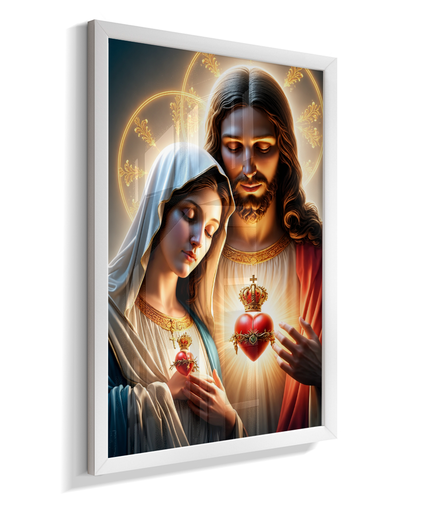 Quadros dos Sagrados Corações de Jesus e de Maria, disponíveis em diversos tamanhos e modelos de molduras