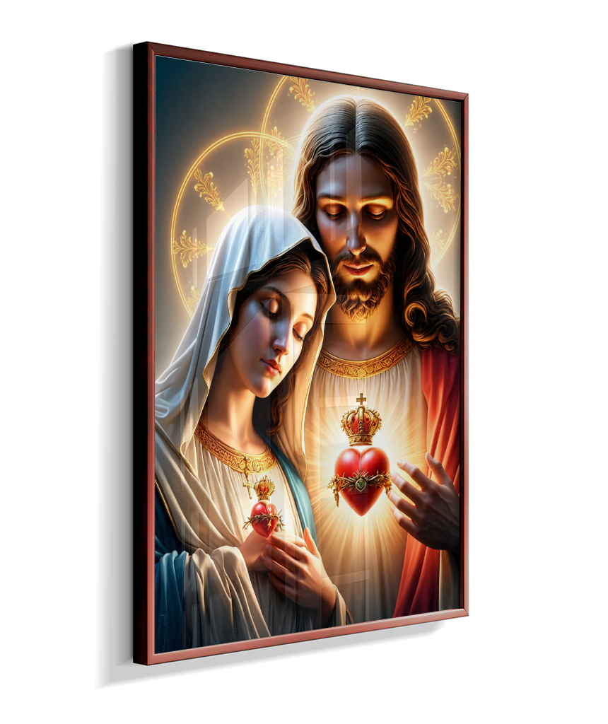 Quadros dos Sagrados Corações de Jesus e de Maria, disponíveis em diversos tamanhos e modelos de molduras