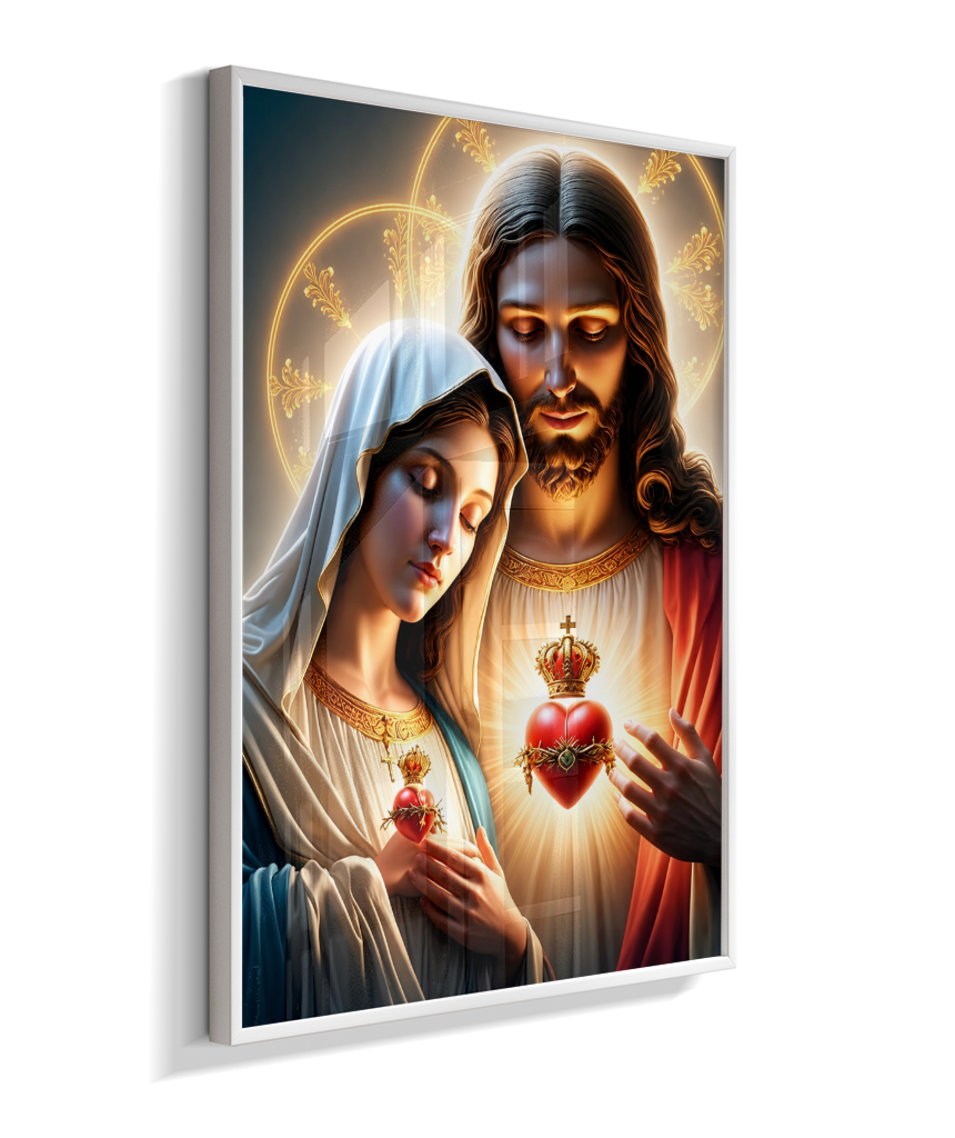 Quadros dos Sagrados Corações de Jesus e de Maria, disponíveis em diversos tamanhos e modelos de molduras