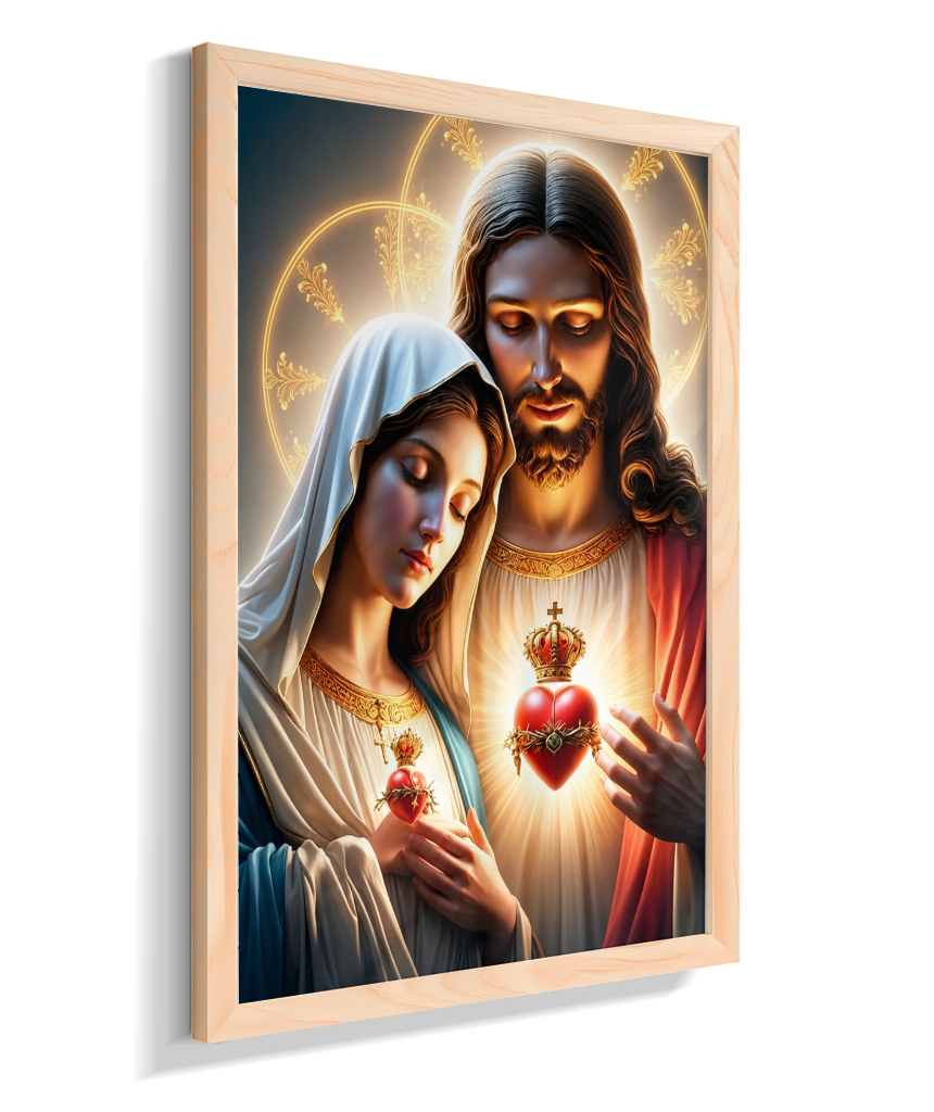 Quadros dos Sagrados Corações de Jesus e de Maria, disponíveis em diversos tamanhos e modelos de molduras