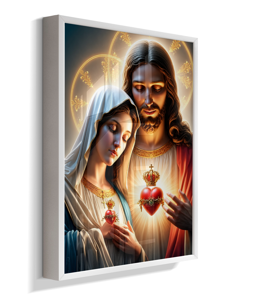 Quadros dos Sagrados Corações de Jesus e de Maria, disponíveis em diversos tamanhos e modelos de molduras